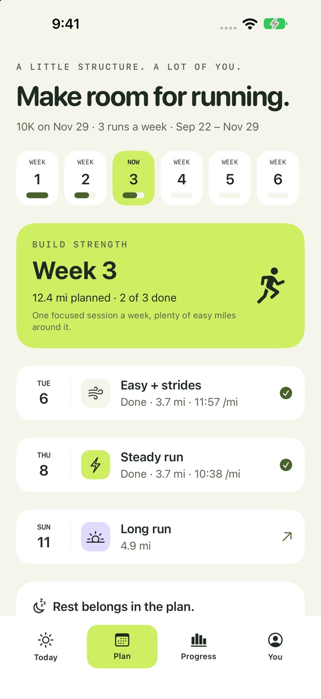 The plan view with week chips, this week's focus, and its sessions