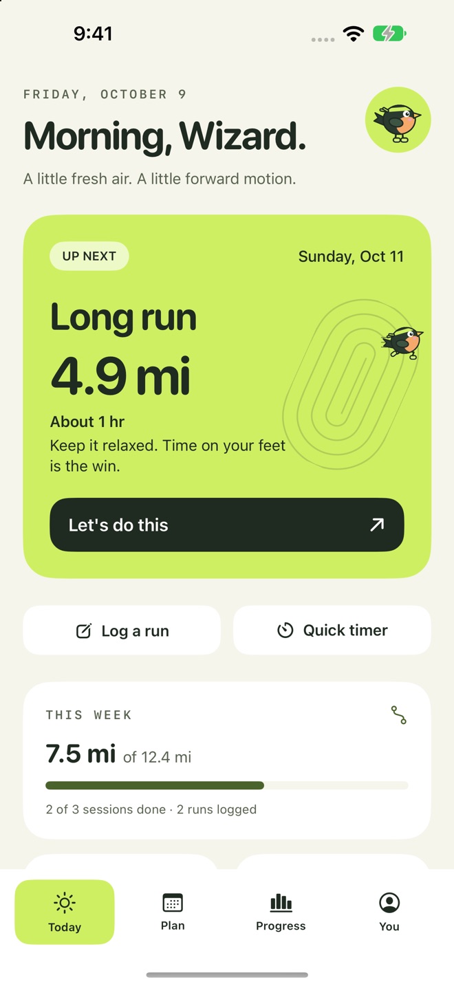BirdRunner's Today screen with the next planned run and this week's distance